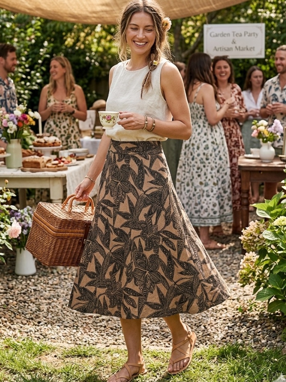 100 % Linen Floral A-Line Skirt in Brown and Black
